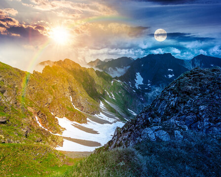 romania mountain landscape on summer solstice. day meet night. travel background of alpine scenery. sun and moon over fagaras mountain ridge. european summer outdoor adventures. astrology wallpaper