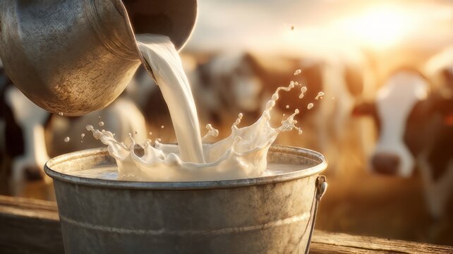 Fresh raw milk pouring into metal bucket with splash, organic dairy farm background with cows, rustic agricultural scene at sunset
