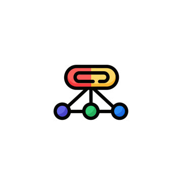 Connected nodes diagram with colorful paperclip icon, data flow, network concept