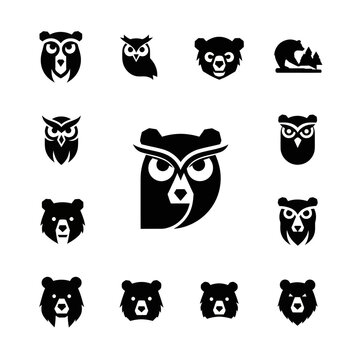 Cute Animal Icons: Bear and Owl Faces Collection - Vector Graphics