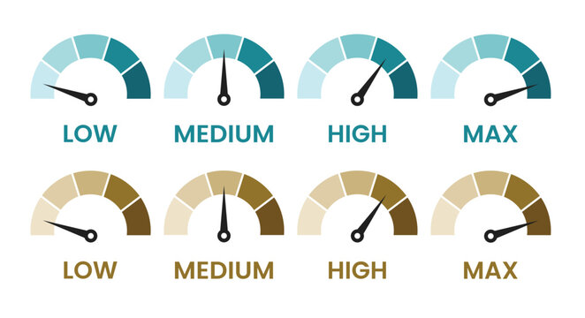 Set of speedometer or gauge icons with low, medium, high and maximum levels in blue and brown colors