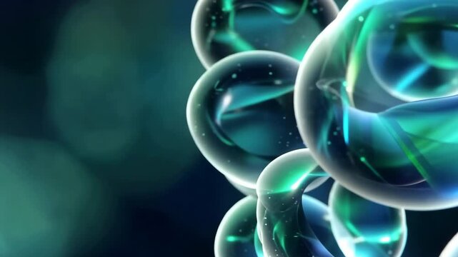 Abstract animation of glowing blue and green cells or bubbles floating
