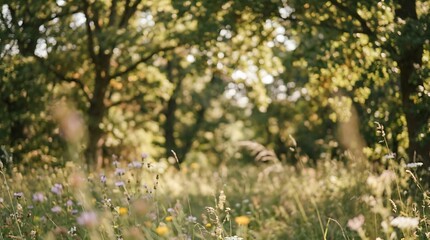 Fototapeta premium Wildflower meadow in summer forest. Blurred nature background with golden sunlight.