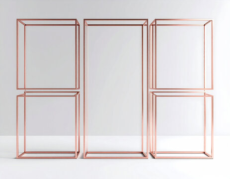 Minimalist Rose Gold Wireframe Box Structures on White Background