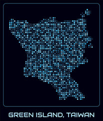 Obraz premium Green Island, Taiwan digital style map. Small circle dots on dark background. Dotted shape of the island. Vector map and title. Awesome vector illustration.