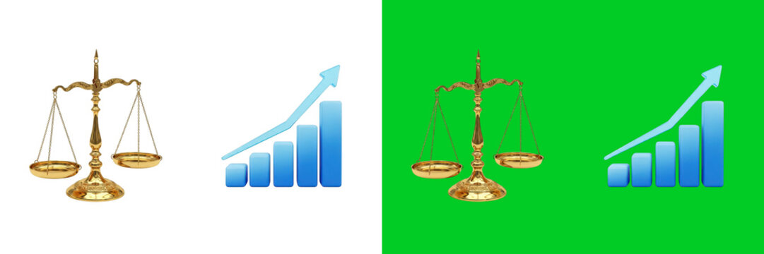 Golden balancing scales of justice alongside a blue rising bar graph representing financial legal growth