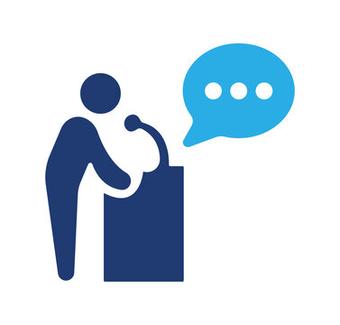 A Public speaking icon. Speaker on podium with speech bubble. Symbol for conference presentation, lecture, business seminar and keynote announcement for UI UX, Transparent PNG.