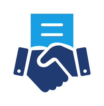 A Business agreement icon with handshake and document. Symbol of contract signing, partnership, deal approval, negotiation, cooperation and legal business transaction in corporate context for UI UX.