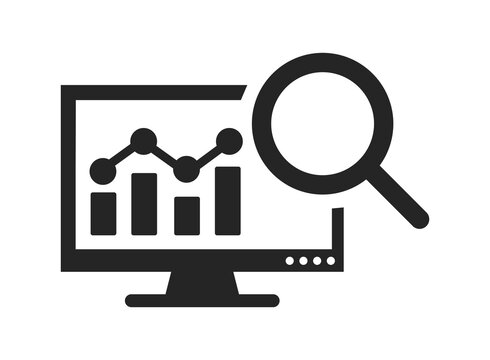 A Data analysis icon on monitor screen with magnifying glass for SEO auditing business statistics market research and growth tracking isolated on Transparent Background for UI & UX, PNG.