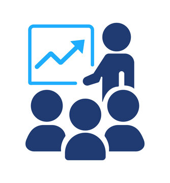 A Business presentation icon with speaker and audience in front of chart. Symbol of meeting, training, conference, team communication, education, leadership and strategic growth discussion,