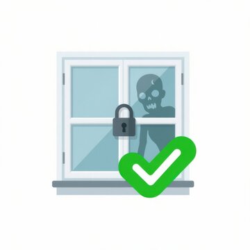 Secure home safety check approval with green verification mark. Digital confirmation icon on modern window lock for protection and peace of mind.