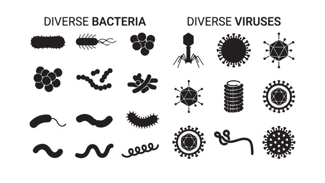 Collection of diverse bacteria and viruses categorized icons