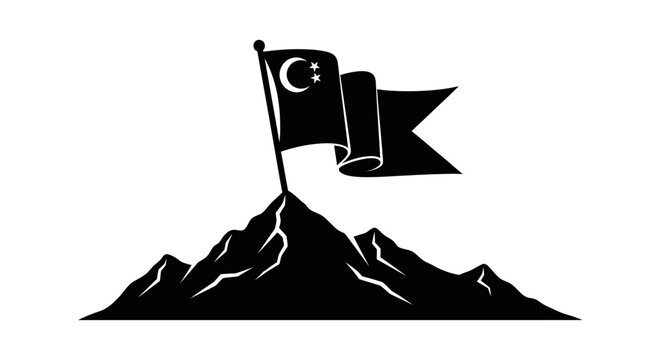 Turkish Flag On Mountain Peak Black Silhouette Against White Background