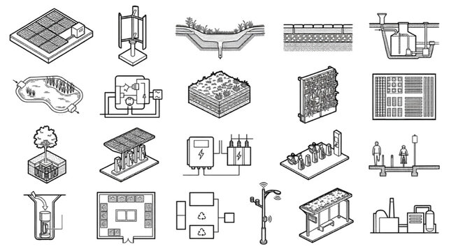 Sustainable city infrastructure cad blocks eco system diagram vector set