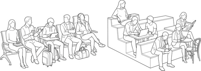 Obraz premium Waiting Area and Collaborative Workspace People Outline Vector Collection for Office and Interior Architecture