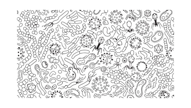 Hand Drawn Microscopic Bacteria and Virus Pattern Background