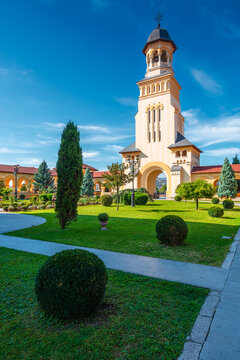 alba iulia, romania - 13 oct 2019: coronation cathedral. holy trinity romanian orthodox cathedral located in alba iulia citadel. sunny autumn day. popular travel destination in europe