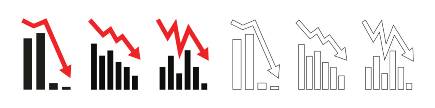 Set of bar chart icons with downward trend arrows, business decline and financial crisis symbols, vector illustration