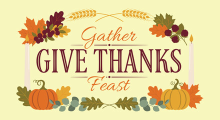 Fototapeta premium Thanksgiving greeting card design with pumpkins, autumn leaves, wheat, and candles