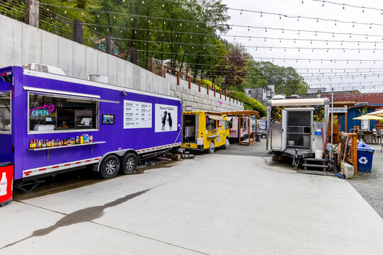 Juneau, AK, USA - June 3, 2025: Vintage Food Truck Park is in downtown Juneau with hosting food trucks  with local cuisine for locals and cruise ship guests.