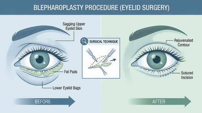 Female face before and after blepharoplasty, cosmetic eyelid surgery result showing lifted eyelids, rejuvenation, beauty transformation.