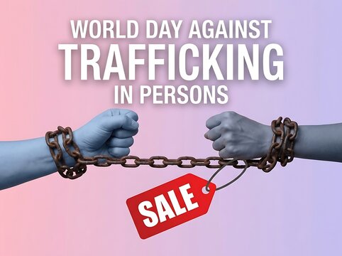 Conceptual image of chained hands with sale tag for world day against trafficking in persons awareness campaign