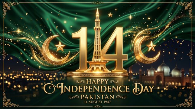 Happy independence day pakistan banner with golden 14 august text minar e pakistan crescent moon green silk