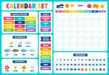 Cute kawaii classroom calendar set months, weekdays, weather, seasons, date numbers and pocket chart cards. Bright printable classroom decor for preschool, kindergarten, homeschool. Editable vector © C Design Studio