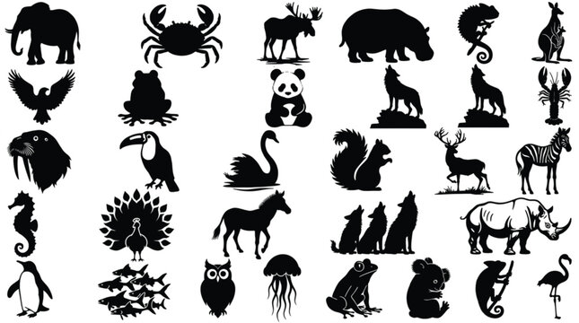Wild animal silhouettes collection, 30 black fauna icons set, zoo and safari wildlife vector graphics for logo design and educational posters