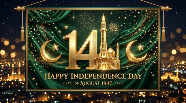 Pakistan independence day hanging banner background with golden 14 august text and minar e pakistan