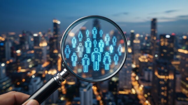 A magnifying glass analyzes digital people icons against a city skyline for population trends.