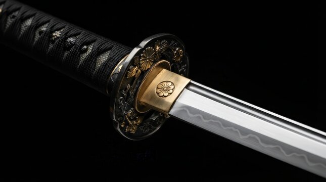 Close up of a Japanese wakizashi sword with an ornate handle and sharp blade.