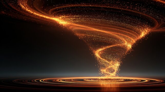 Abstract golden particle vortex swirl on dark background. Creative energy concept.