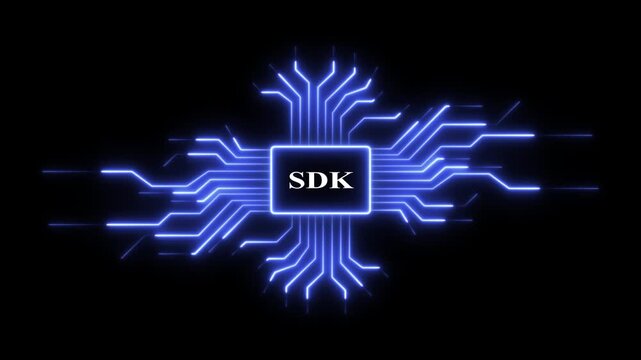 Sdk software development kit neon circuit board animation with glowing digital data lines and processor chip concept