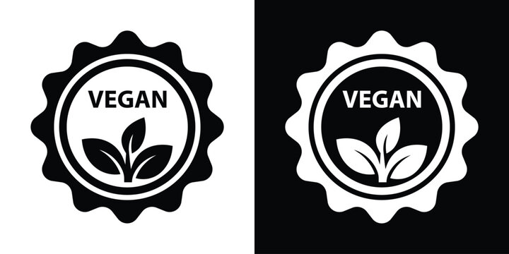 Circular vegan badge design featuring top text and a plant leaf sprout symbol, perfect for food packaging seals, eco-friendly product labels, and vegetarian dietary icons.