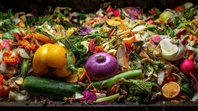 Fresh organic vegetable scraps ready for composting. Eco friendly recycling concept.