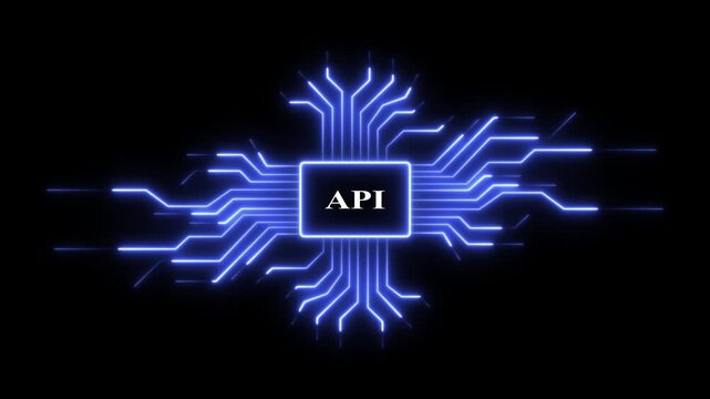 Api integration concept: glowing blue digital circuit board processor animation for software development and cloud computing technology