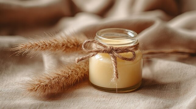 Glass jar of cosmetic cream with dried flowers on fabric. Natural skincare product background.