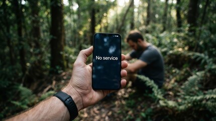 Fototapeta premium A person holds a smartphone showing no service in a dense forest.