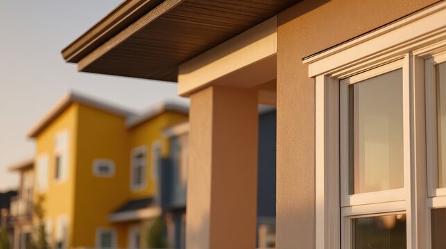 Modern house exterior with warm sunlight on window frame and yellow buildings. Real estate concept.