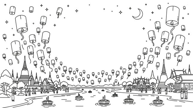 Line art illustration of floating lanterns and traditional Thai krathong boats.