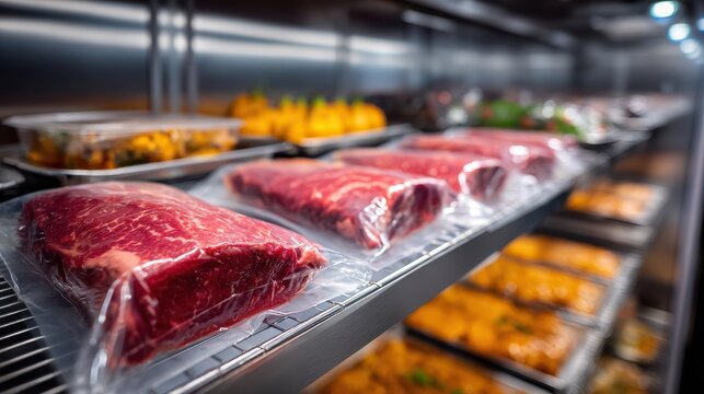 Raw beef cuts in vacuum seal packages on a stainless steel commercial kitchen shelf. Ideal for.
