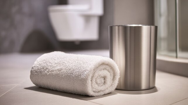 Rolled white towel beside metallic bin in modern bathroom. Hotel hospitality service concept.
