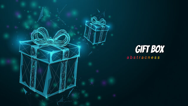 Digital abstract gift box wireframe graphic concept with technology abstract wireframe hologram particle celebration geometric connection innovation