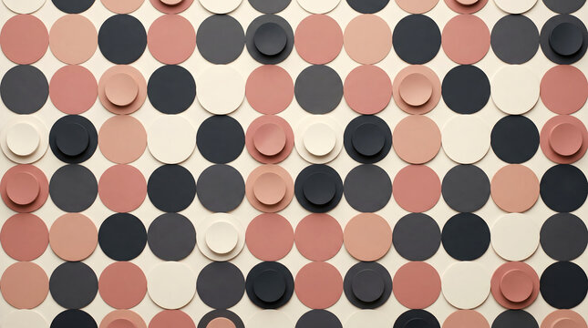 Circles create a textured geometric pattern with overlapping shapes in a neutral color palette.