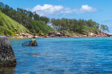 Clear blue water laps a rocky coast with lush green vegetation under a bright sky in the Seychelles, ideal for travel and nature themes. © Andrei Tomas