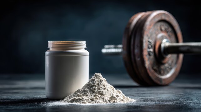 White supplement container with protein powder and barbell. Fitness nutrition advertising concept.