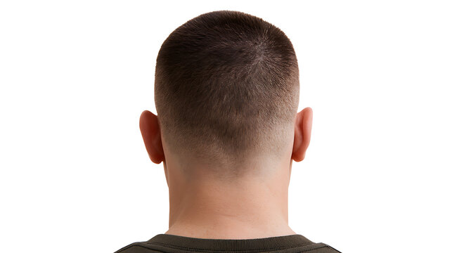Rear view of a man's head with short, dark hair against a pristine white background, showcasing a clean and simple aesthetic for various uses