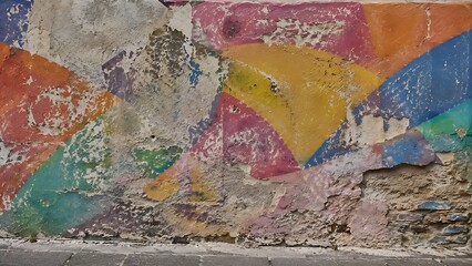 Fototapeta premium Weathered colorful graffiti wall with peeling paint, distressed urban concrete texture, vintage abstract street art mural background