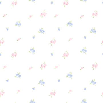 Seamless watercolor pattern with illustration small pink and blue roses on white background. Delicate floral background for baby textile prints, spring wrapping paper and romantic stationery.
